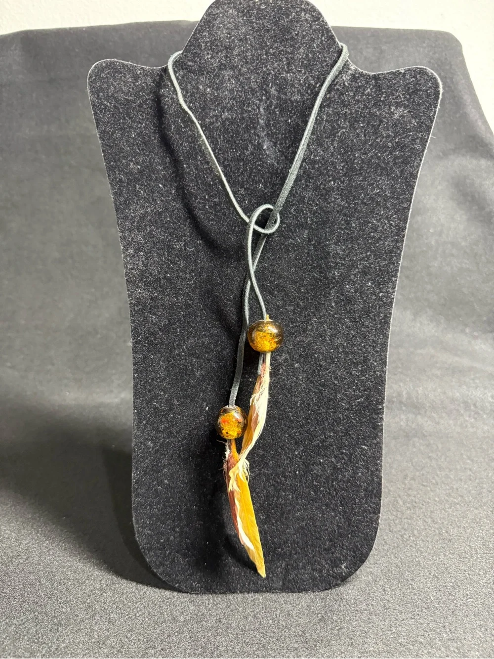 Vintage Italian Amber Look Beaded Leather Cord Lariat Necklace Feather Pendant